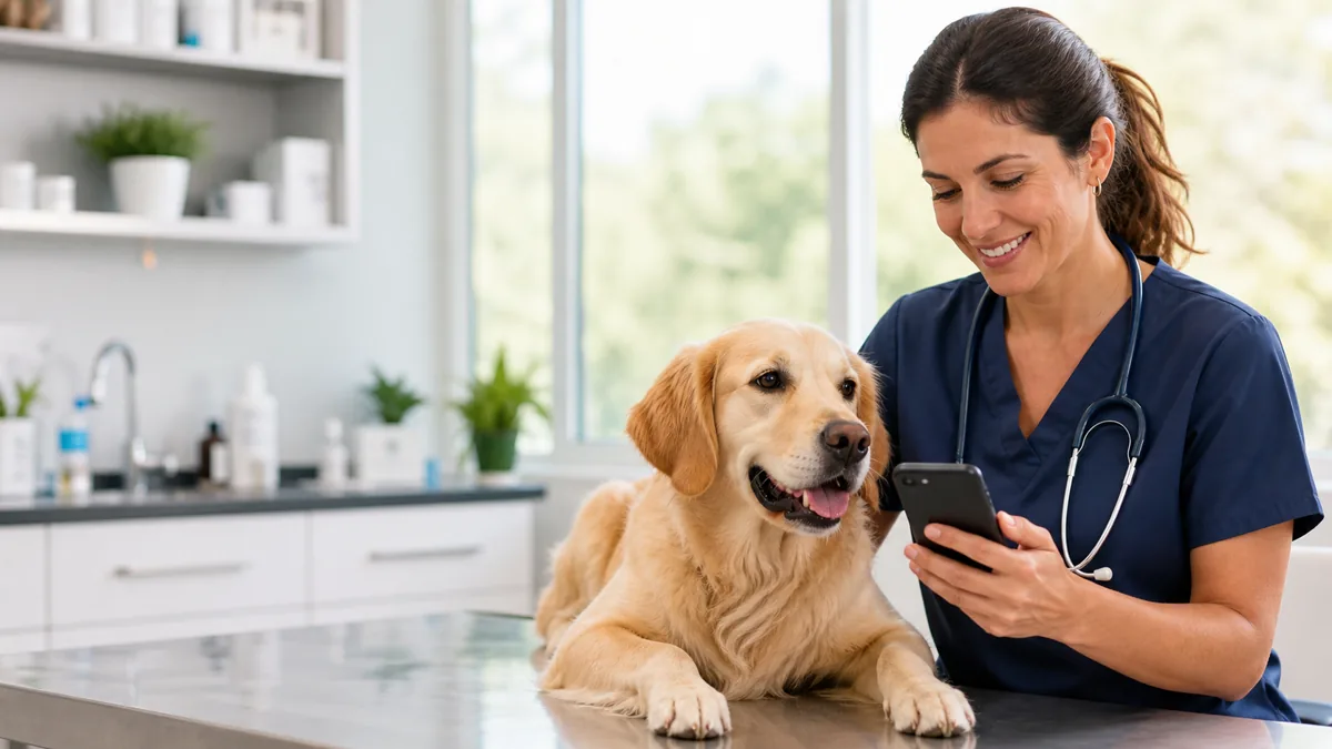 Veterinaria atendiendo a un perro en su clínica