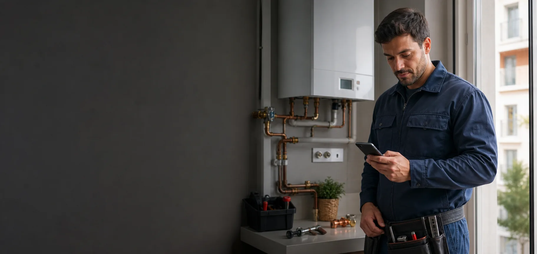 Fontanero consultando un móvil junto a una instalación