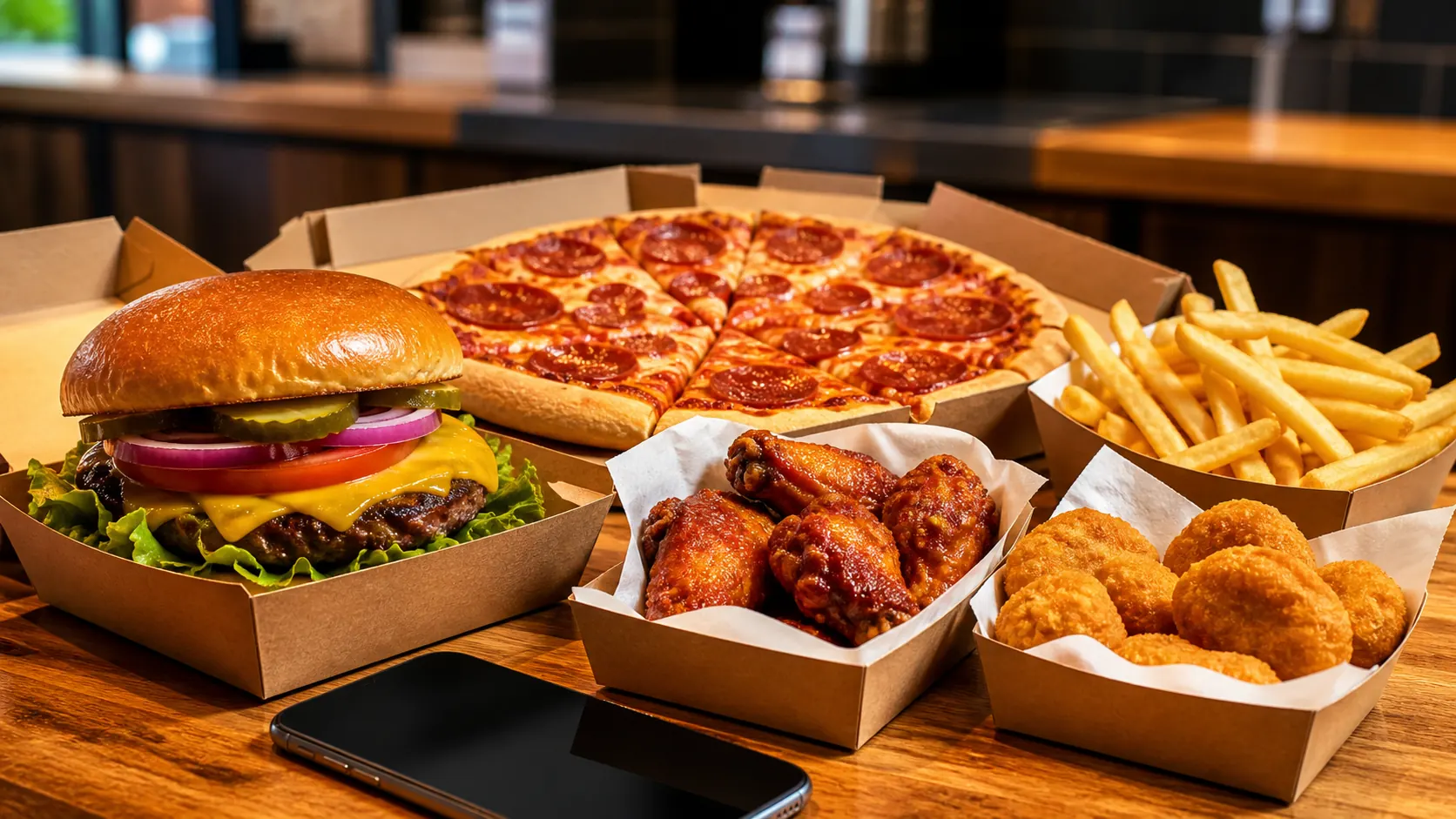 Oferta de hamburguesas, pizza, patatas y pollo